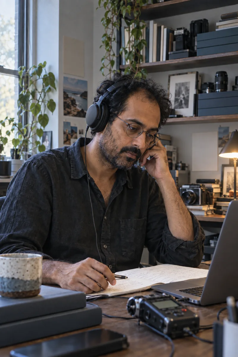 Fictional biohacking creator listening to audio and reviewing notes at his desk.