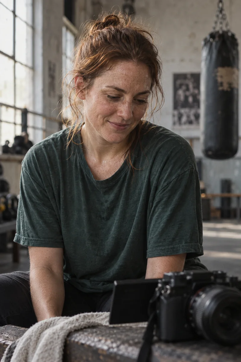 Fictional fitness creator checking her camera between takes in a gym.