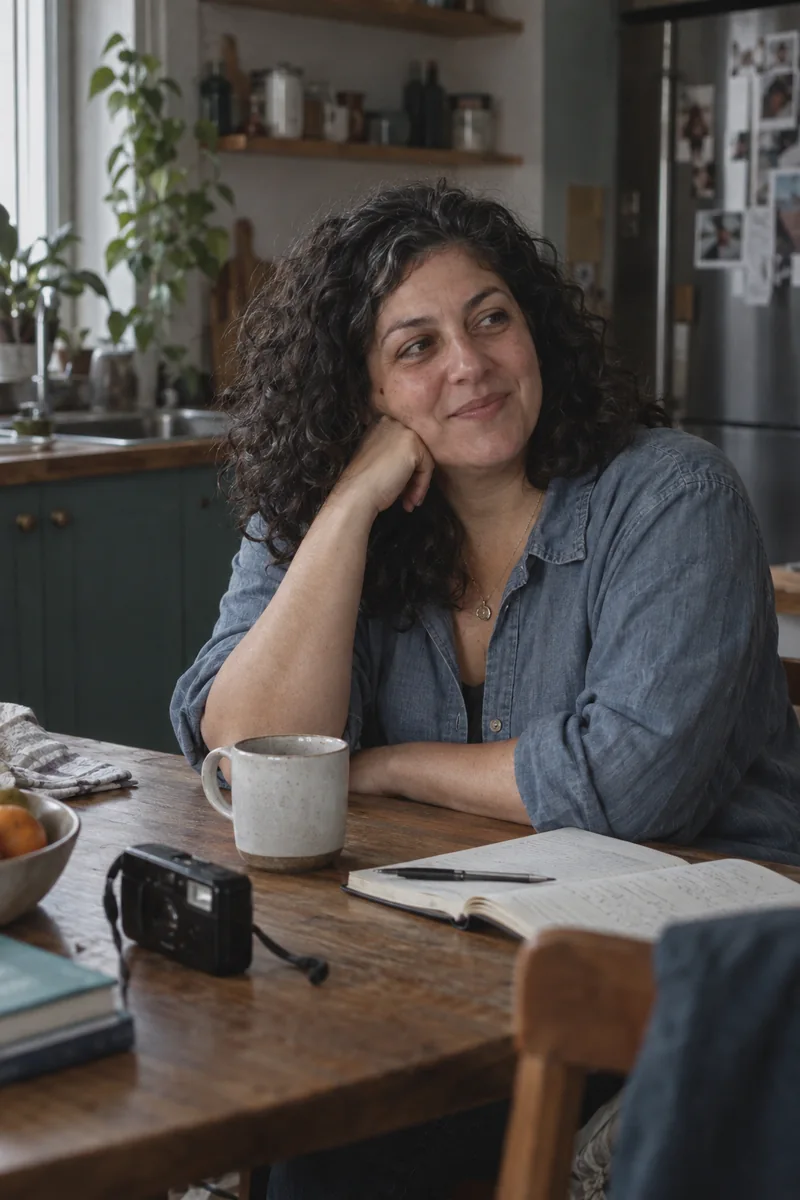 Fictional everyday health creator chatting at her kitchen table.