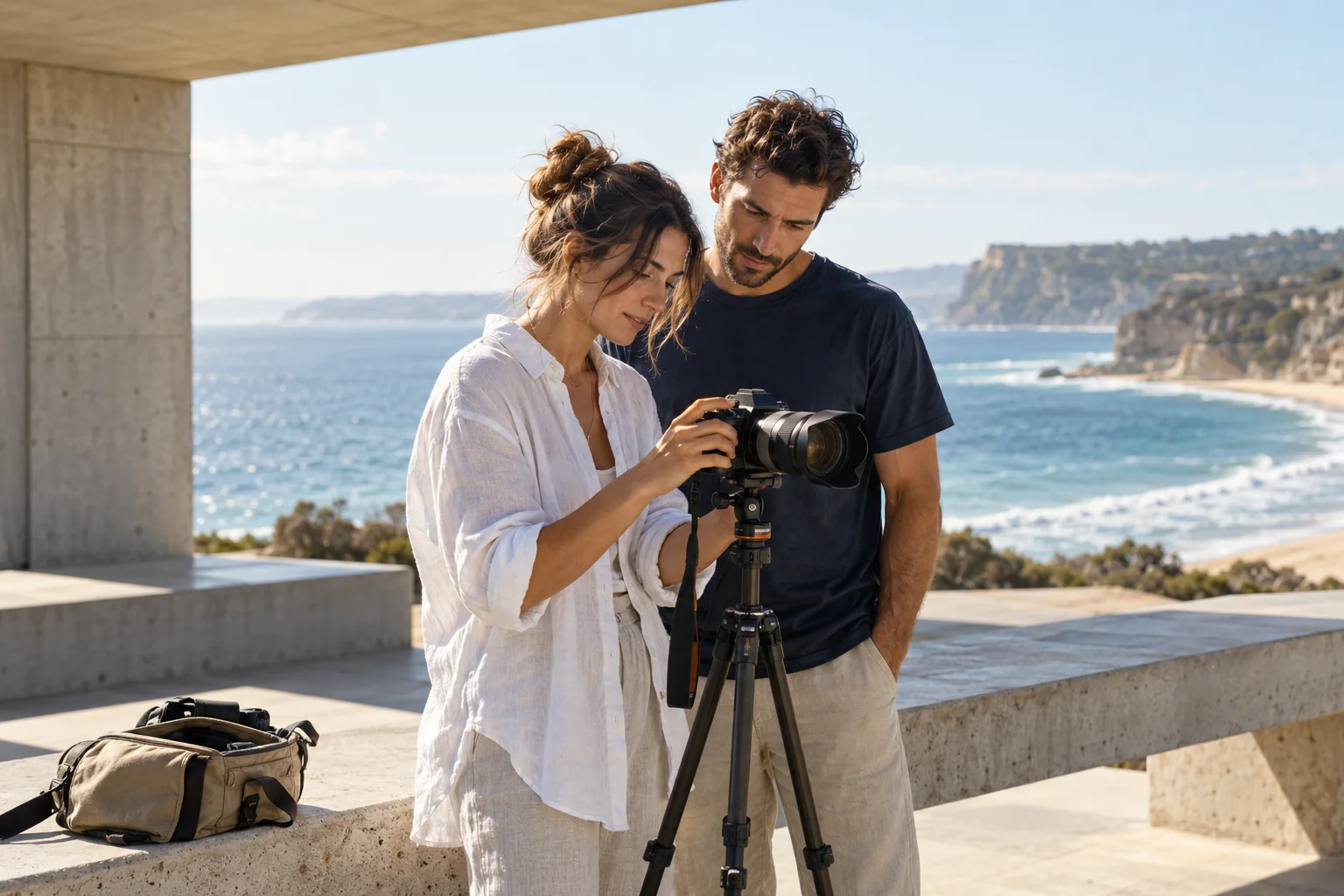 Two creators reviewing a camera beside the ocean.
