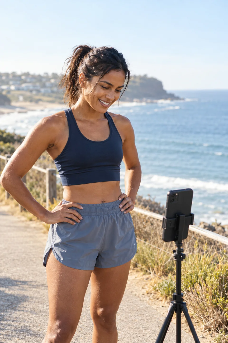 A fitness creator reviewing a phone recording on a coastal track.