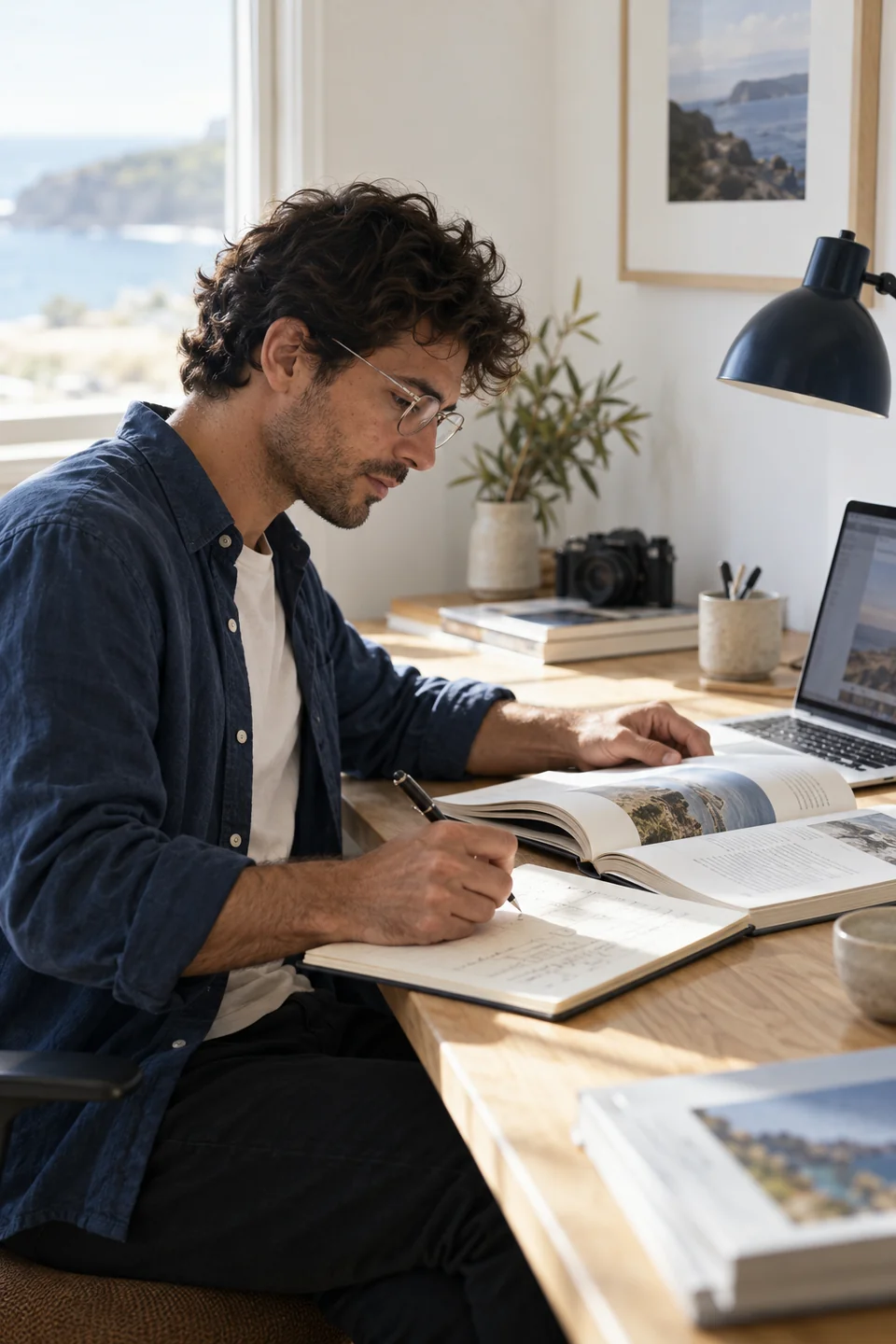 A creator reading and making notes in a bright workspace.