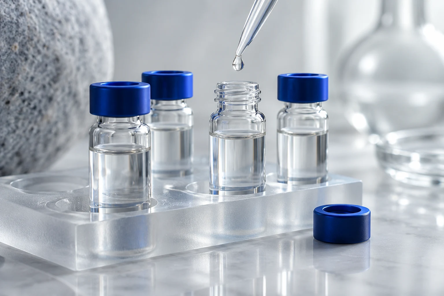 Illustration of glass laboratory sample vials and a precision pipette