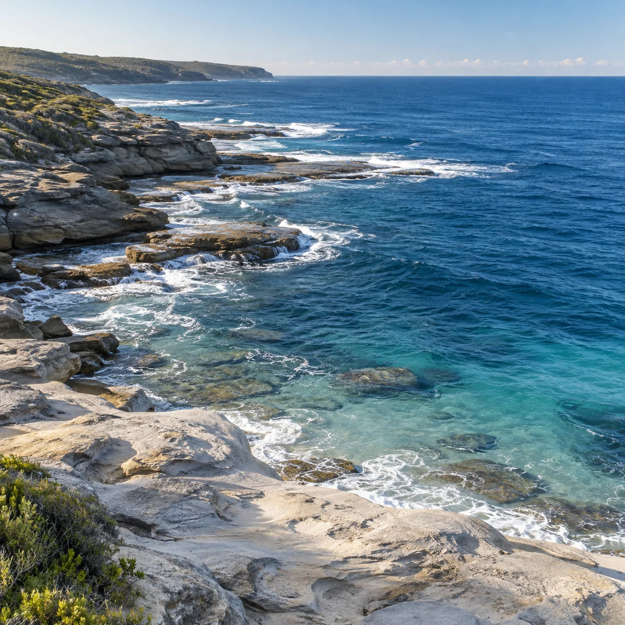 Sunlit sandstone coastline beside clear blue ocean