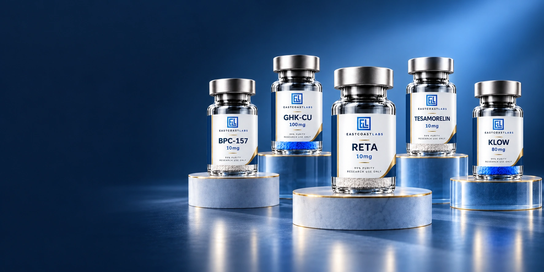 Five East Coast Labs research peptide vials with white, blue and gold ECL labels, arranged on blue glass and stone plinths